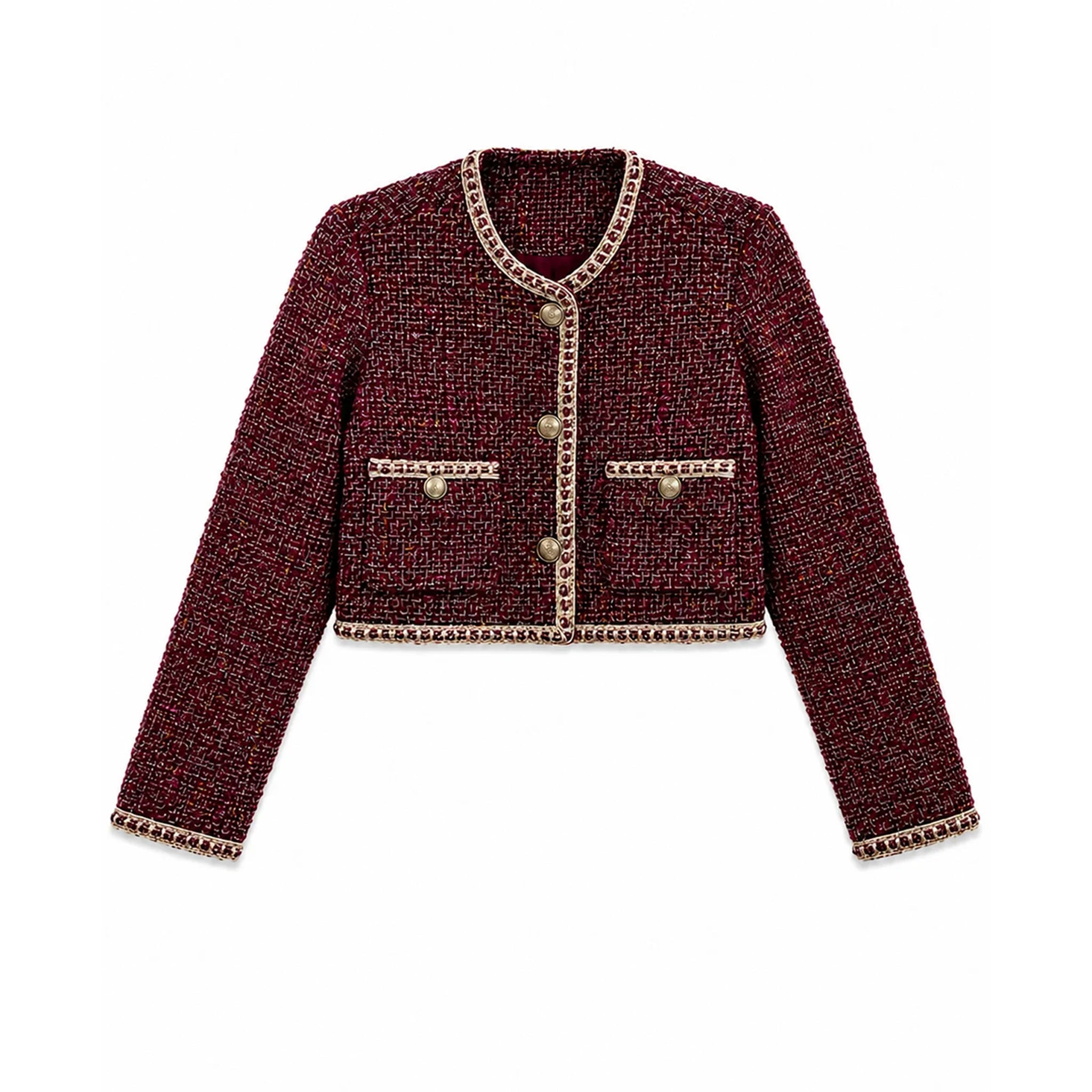 A cropped tweed jacket in a dark red and black micro-tweed pattern, featuring beige and gold trim along the collar, cuffs, hem, and front buttons.