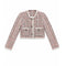 A cropped tweed jacket with long sleeves, featuring a pink, black, and white textured weave, white piping, and a button-front closure, displayed flat against a solid white background.