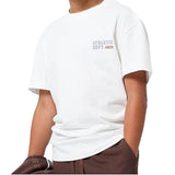 A person wearing a white short-sleeve crewneck t-shirt with a small 'ATHLETIC DEPT. CO' logo printed on the left chest