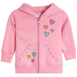 A pink zip-up hoodie for toddlers, featuring colorful embroidered hearts in pink, orange, blue, and green on the front pockets and hood. 