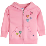 A pink zip-up hoodie for toddlers, featuring colorful embroidered hearts in pink, orange, blue, and green on the front pockets and hood. 