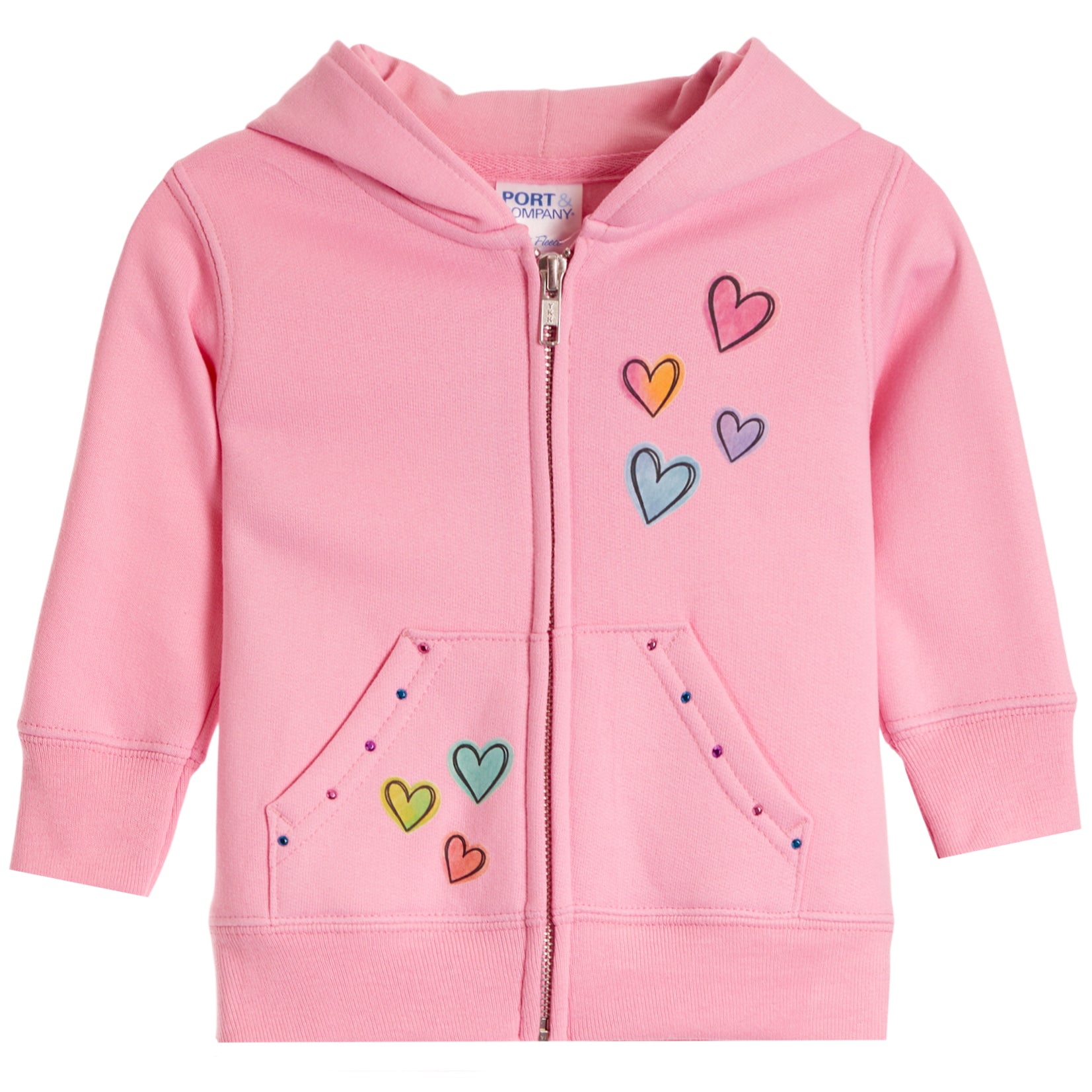 A pink zip-up hoodie for toddlers, featuring colorful embroidered hearts in pink, orange, blue, and green on the front pockets and hood. 