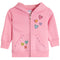 A pink zip-up hoodie for toddlers, featuring colorful embroidered hearts in pink, orange, blue, and green on the front pockets and hood. 