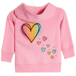 A pink hooded sweatshirt for toddlers, featuring a large black-outlined heart with a yellow, orange, and green gradient on the chest, alongside smaller scattered hearts in various pastel colors.