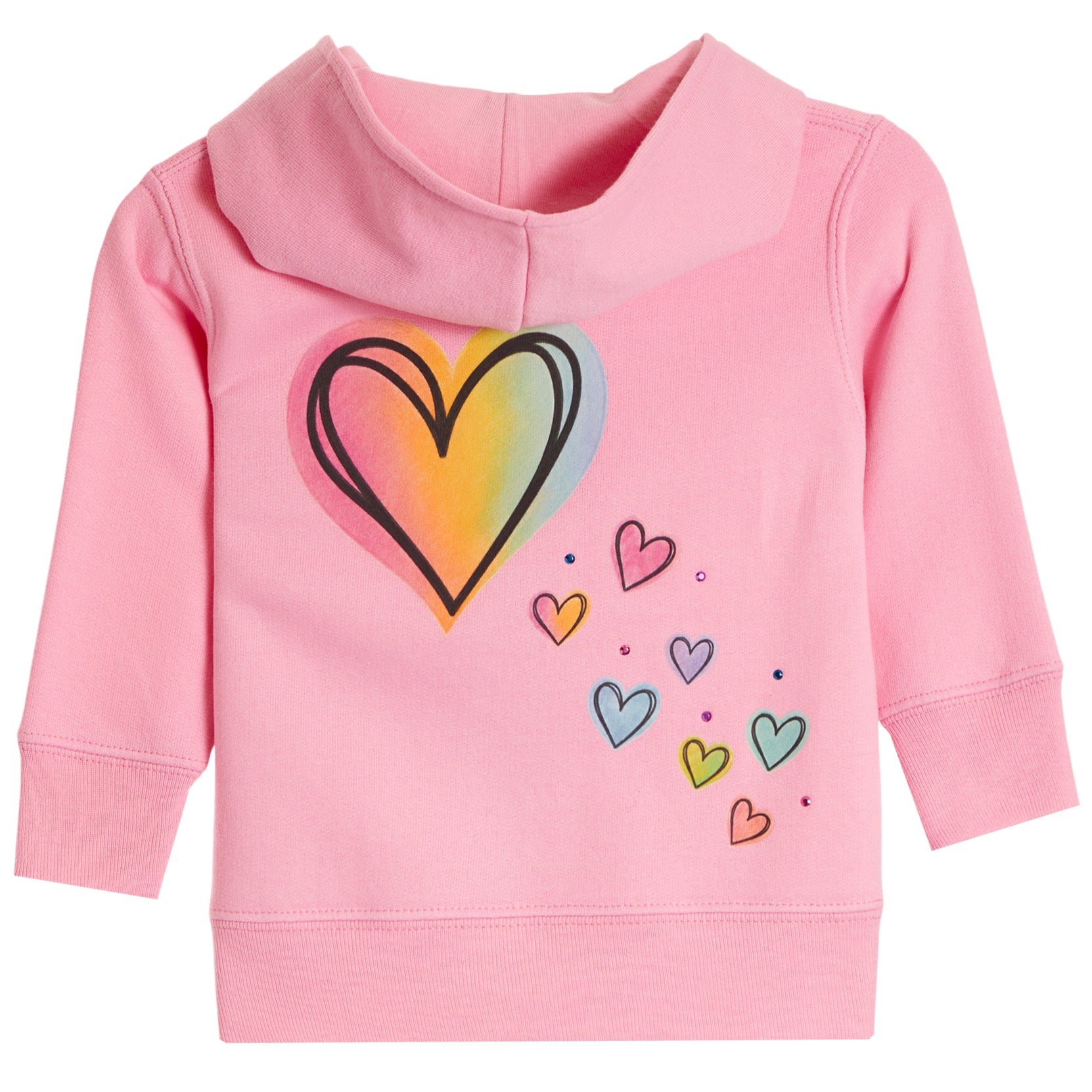 A pink hooded sweatshirt for toddlers, featuring a large black-outlined heart with a yellow, orange, and green gradient on the chest, alongside smaller scattered hearts in various pastel colors.
