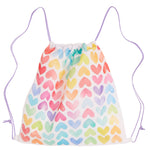 White drawstring bag with colorful heart pattern on a white background