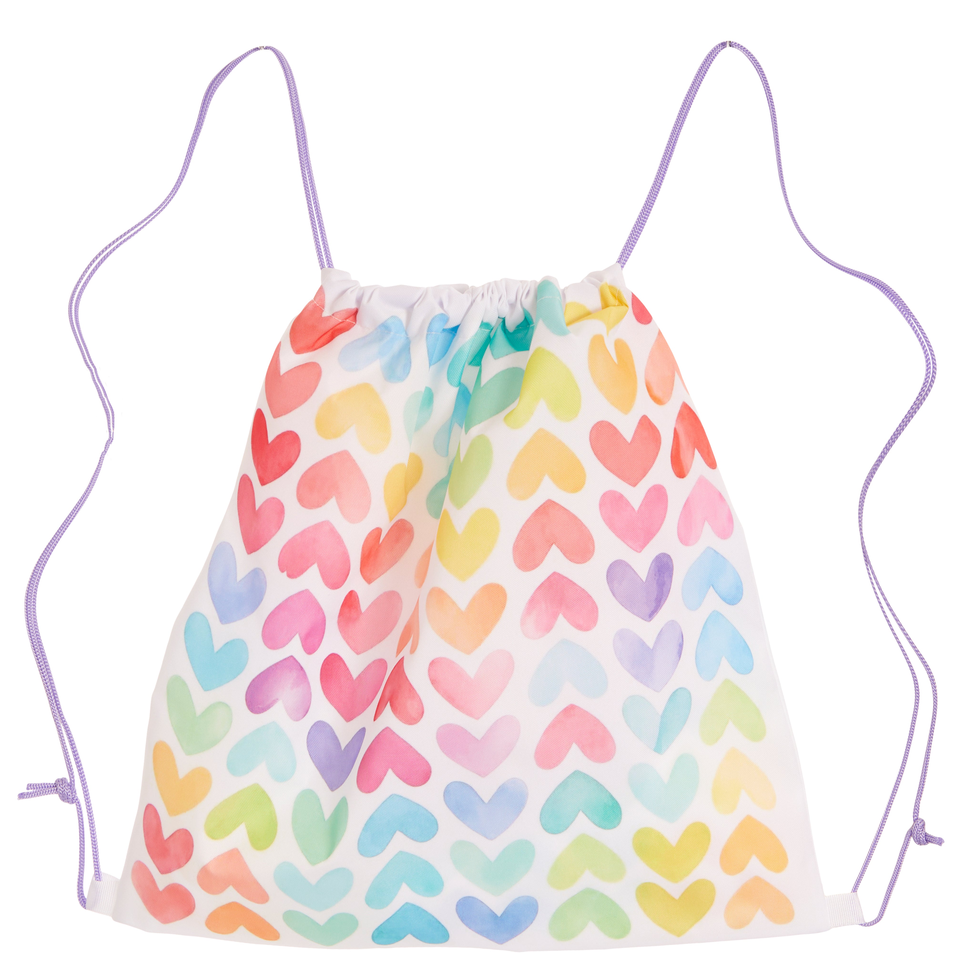 White drawstring bag with colorful heart pattern on a white background