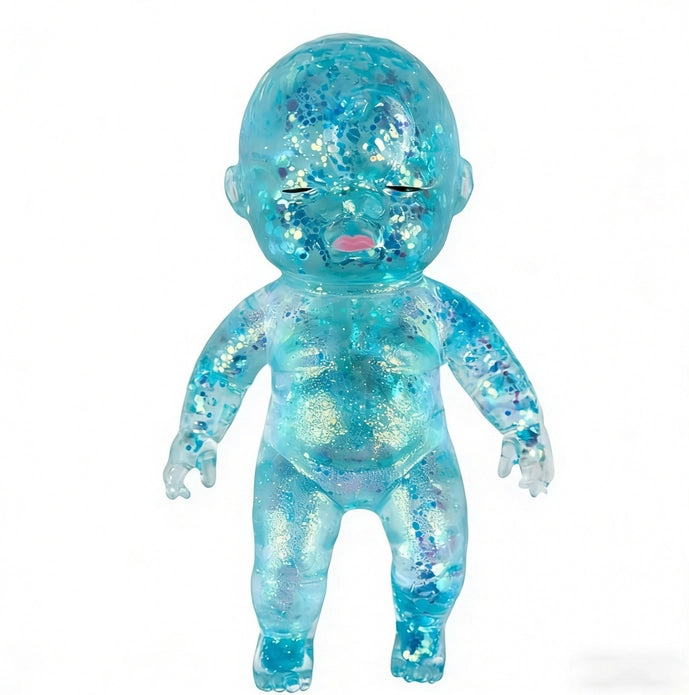Blue glittery baby squishy on a white background