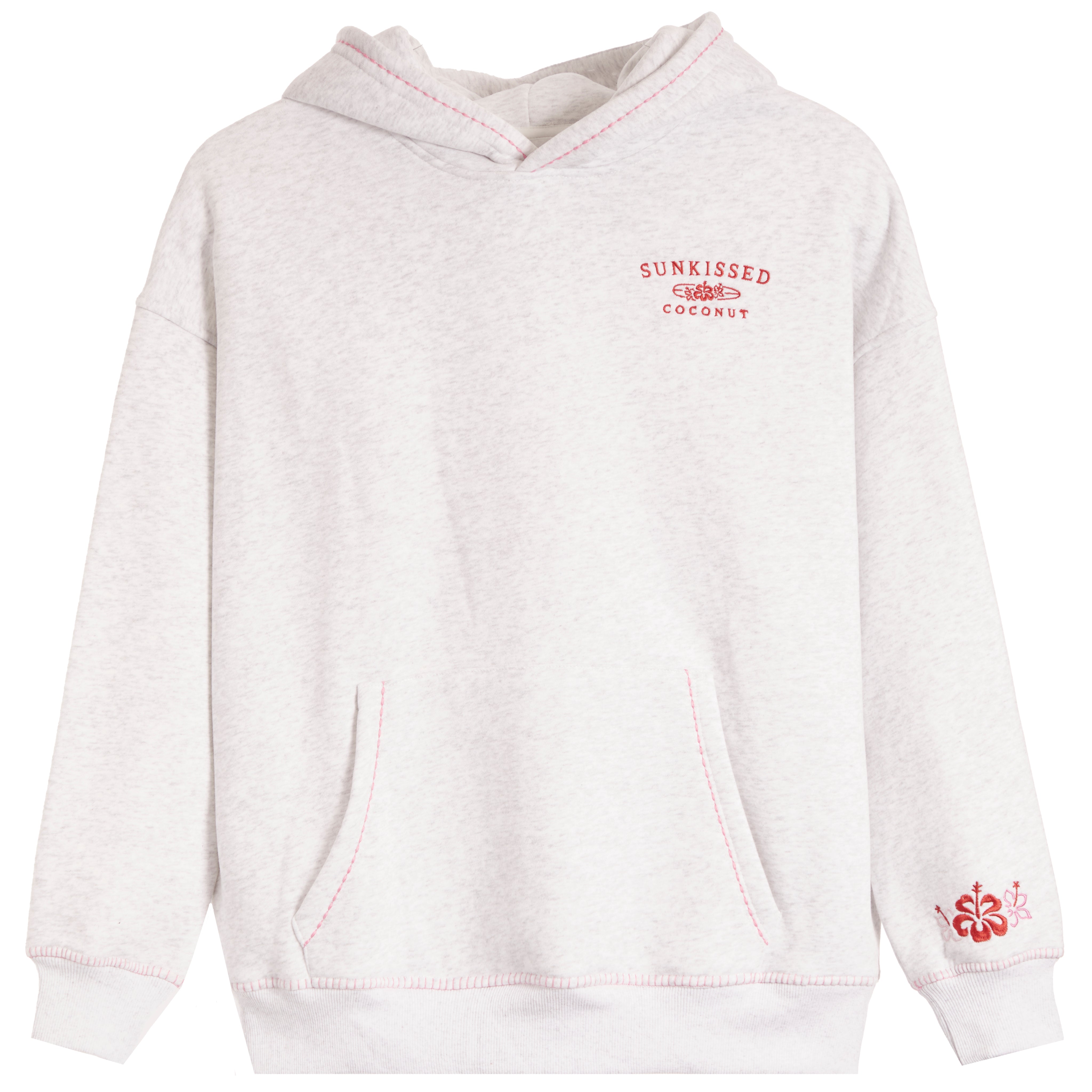 A light heather gray pullover hoodie with pink contrast stitching, featuring a red 'SUNKISSED COCONUT' graphic on the left chest and a red hibiscus flower graphic on the right sleeve cuff.
