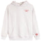A light heather gray pullover hoodie with pink contrast stitching, featuring a red 'SUNKISSED COCONUT' graphic on the left chest and a red hibiscus flower graphic on the right sleeve cuff.