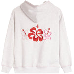 A light heather gray hoodie shown from the back, featuring a large red hibiscus flower and two pink flowers embroidered across the center.