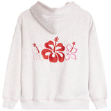A light heather gray hoodie shown from the back, featuring a large red hibiscus flower and two pink flowers embroidered across the center.