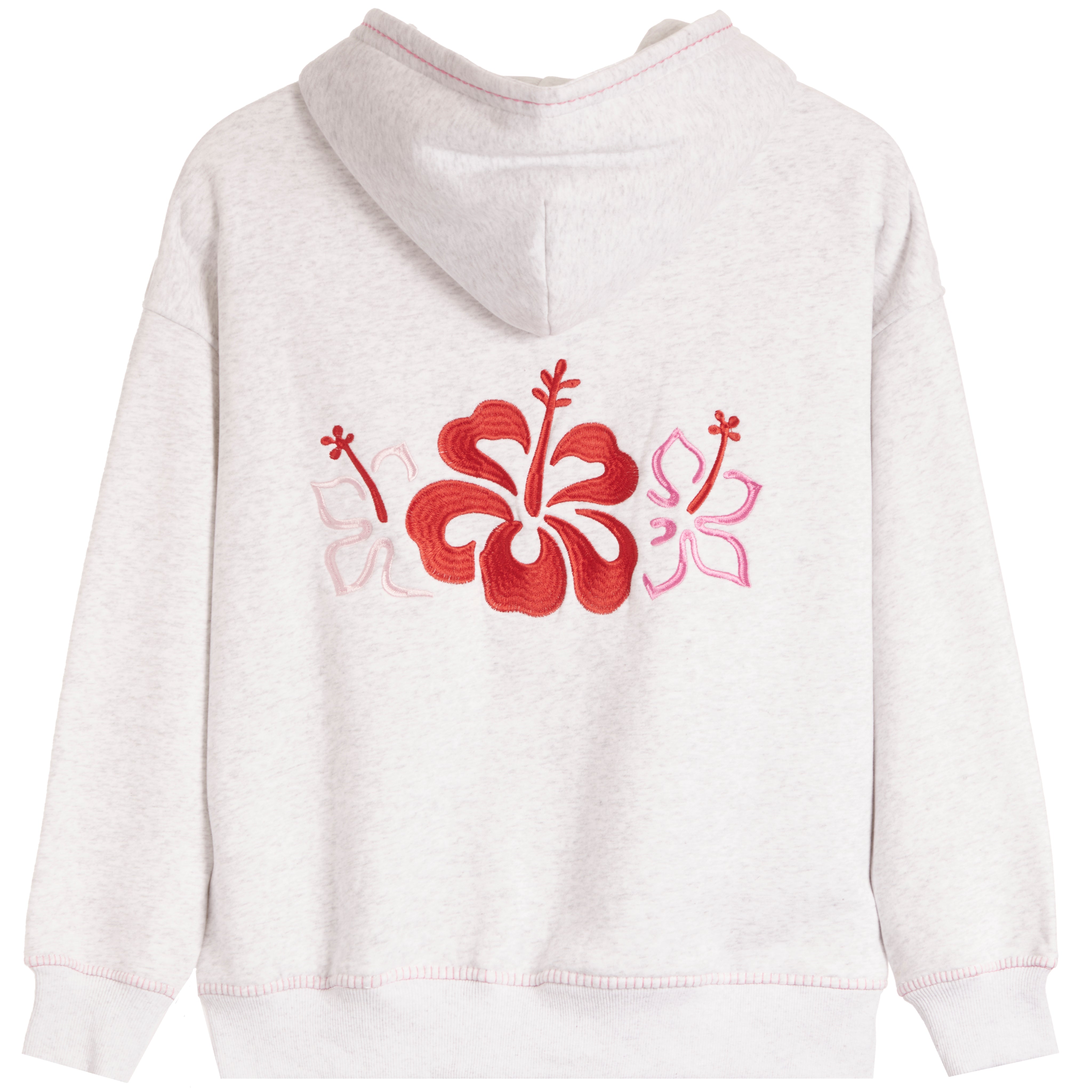 A light heather gray hoodie shown from the back, featuring a large red hibiscus flower and two pink flowers embroidered across the center.