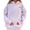 A light heather gray pullover hoodie with red contrast stitching and red embroidered details, shown on a model against a plain white background.