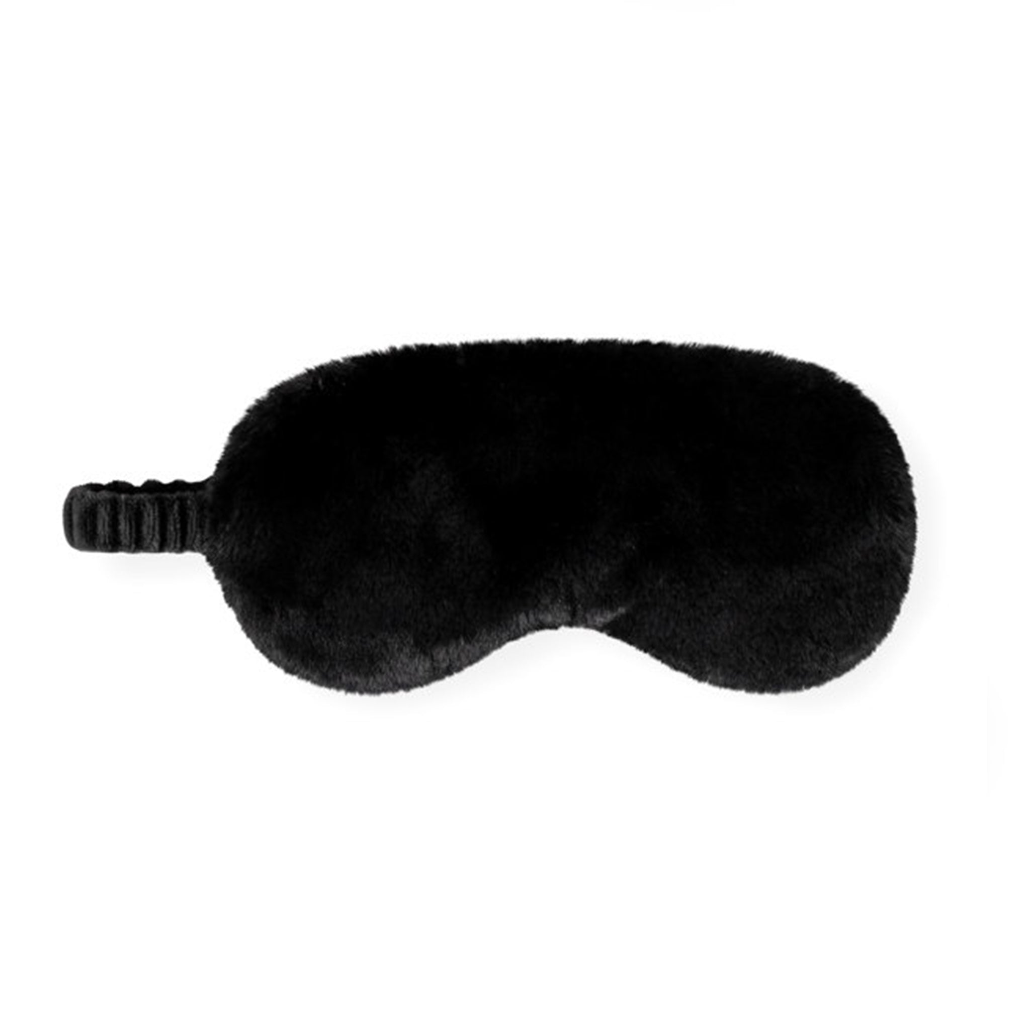 A black plush sleep mask with a textured elastic strap, shown against a plain white background.