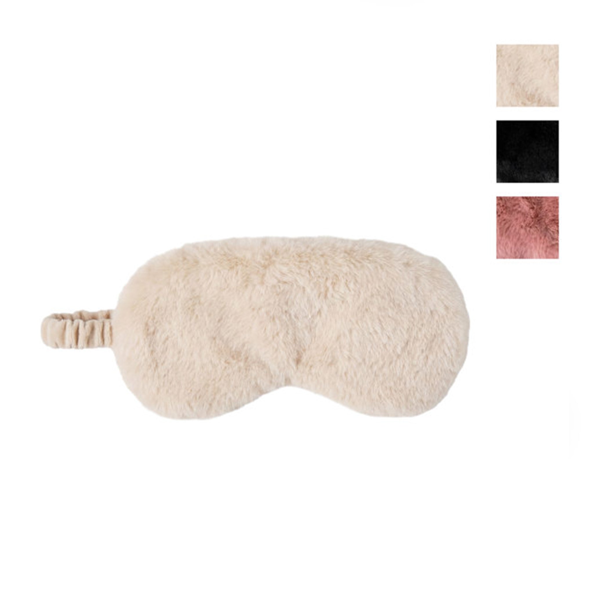 A fluffy faux-fur sleep mask in cream beige with an elastic strap, shown on a plain white background with three small color-option swatches in the top right corner.