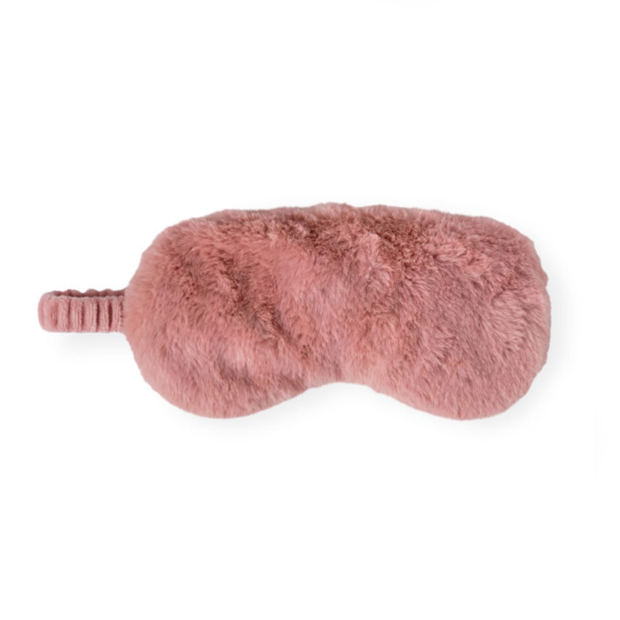 A dusty pink faux fur sleep mask with an integrated elastic strap, shown from a side profile view against a solid white background.