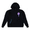A black pullover hoodie with a colorful pink and blue graphic on the left chest resembling a stylized character or mask, set against a plain white background.