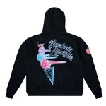A black hooded sweatshirt shown from the back, featuring a large colorful graphic of stacked ice cream scoops and the text 'Baseball Lifestyle' in white script. A smaller matching graphic is visible on the left sleeve.
