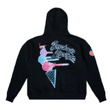 A black hooded sweatshirt shown from the back, featuring a large colorful graphic of stacked ice cream scoops and the text 'Baseball Lifestyle' in white script. A smaller matching graphic is visible on the left sleeve.