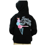 A black hoodie shown from the back, featuring a colorful graphic of stacked ice cream scoops in pink, blue, and purple with a cone, alongside stylized white script