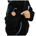Side view of black hoodie with cherry graphic
