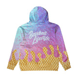 A hooded sweatshirt shown from the back, featuring a colorful ice cream cone design with a light blue to pink gradient, pink sprinkles, and a yellow waffle cone pattern. The text 'Baseball Lifestyle' is printed in white script across the center.