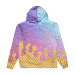 A pullover hoodie featuring a colorful ice cream cone design. The top portion has a purple-to-light-blue gradient with pink sprinkles, while the bottom portion depicts pink melting ice cream over a yellow waffle cone pattern.