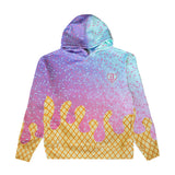 A pullover hoodie featuring a colorful ice cream cone design. The top portion has a purple-to-light-blue gradient with pink sprinkles, while the bottom portion depicts pink melting ice cream over a yellow waffle cone pattern.