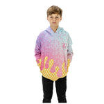 A young boy modeling a pastel gradient hoodie with a pink and blue top, yellow bottom, and a dripping ice cream cone design, set against a plain white background.