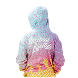 A person shown from the back wearing a pastel gradient hoodie with a sprinkle pattern and the words 'Baseball Lifestyle' across the back, on a plain white background.