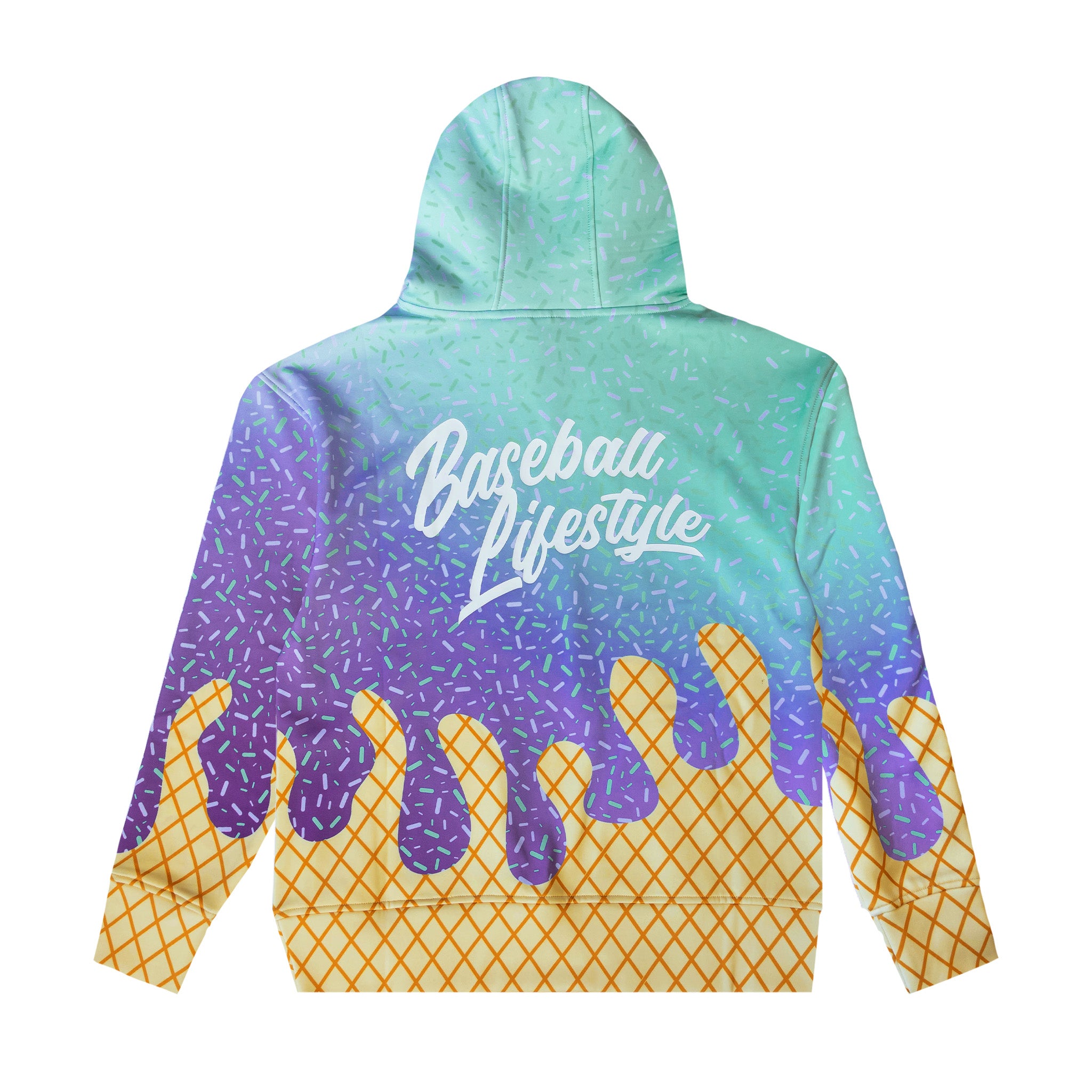 A hooded sweatshirt shown from the back, featuring a colorful ice cream cone design with a mint green and purple sprinkle gradient on top, purple dripping sauce, and a yellow waffle cone pattern on the bottom. The words 'Baseball Lifestyle' are printed in white script across the upper back.