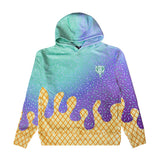 A hooded sweatshirt with a colorful gradient design transitioning from mint green to purple, decorated with a sprinkle pattern and a yellow waffle-grid pattern at the bottom, shown on a plain white background.