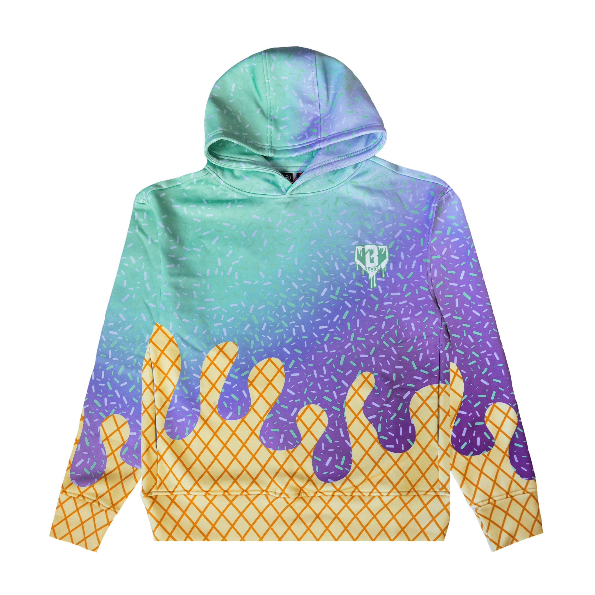 A hooded sweatshirt with a colorful gradient design transitioning from mint green to purple, decorated with a sprinkle pattern and a yellow waffle-grid pattern at the bottom, shown on a plain white background.