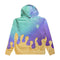 A hooded sweatshirt with a colorful gradient design transitioning from mint green to purple, decorated with a sprinkle pattern and a yellow waffle-grid pattern at the bottom, shown on a plain white background.