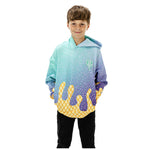 A child wearing a colorful gradient hoodie with a sprinkles pattern, transitioning from light blue to purple, with a yellow dripping design at the bottom, paired with black pants, against a plain white background.