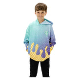 A child wearing a colorful gradient hoodie with a sprinkles pattern, transitioning from light blue to purple, with a yellow dripping design at the bottom, paired with black pants, against a plain white background.