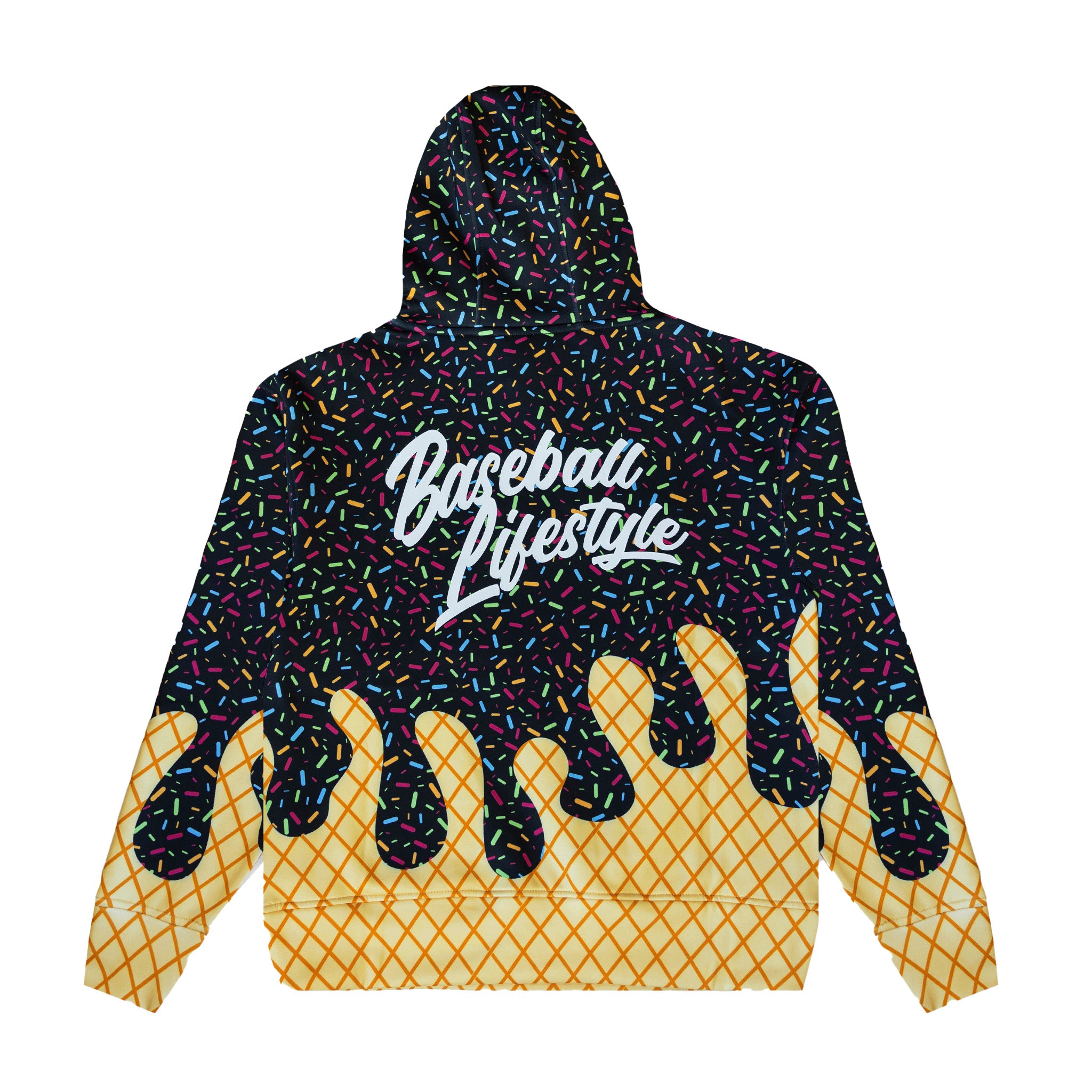 A hooded sweatshirt shown from the back, featuring a black upper section covered in multicolored sprinkles, a white script logo reading 'Baseball Lifestyle' across the center, and a yellow waffle-patterned lower section with dripping sprinkles extending from the sleeves.