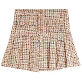 A high-waisted tweed mini skirt with a pleated flared silhouette, featuring a button-front closure and a multicolor woven pattern of beige, brown, and gold.