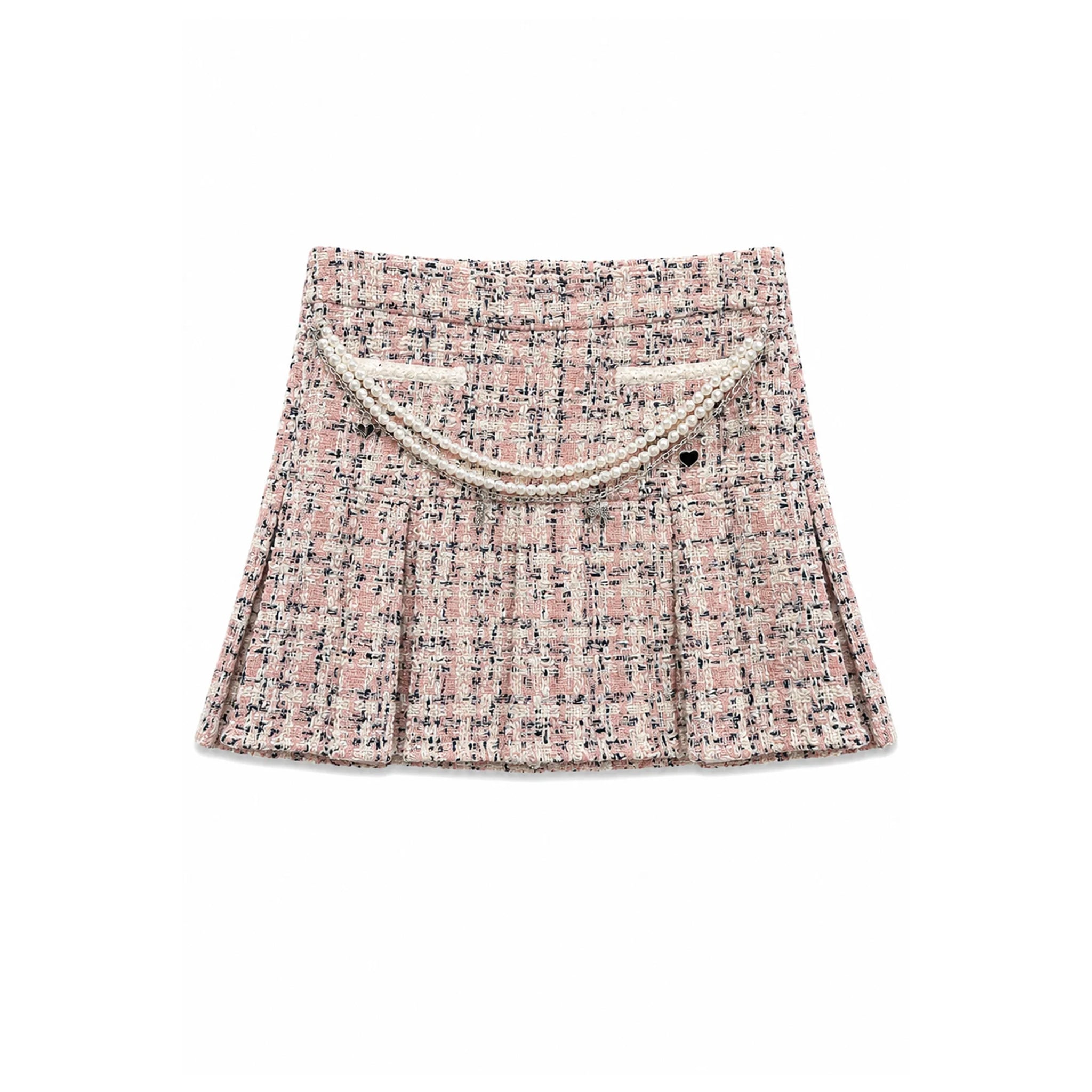 A pleated tweed mini skirt in a pink, beige, and black micro-tweed pattern, featuring a decorative cream-colored faux pearl strap across the front waistband, shown flat on a white background.