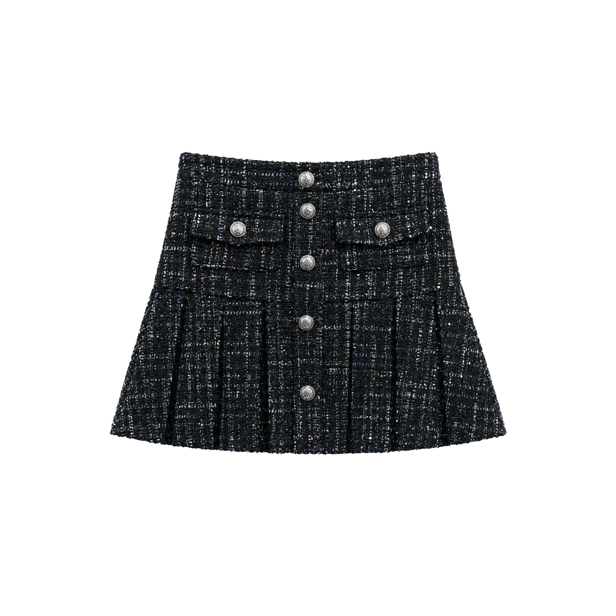 A black and gray tweed pleated mini skirt with a button-up front and decorative silver-tone buttons, shown flat on a white background.