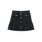 A black and gray tweed pleated mini skirt with a button-up front and decorative silver-tone buttons, shown flat on a white background.
