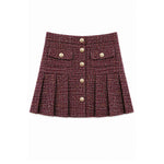 A pleated tweed mini skirt in a dark burgundy and brown woven pattern, featuring a button-up front with gold-tone buttons and two decorative button-flap pockets on the front.