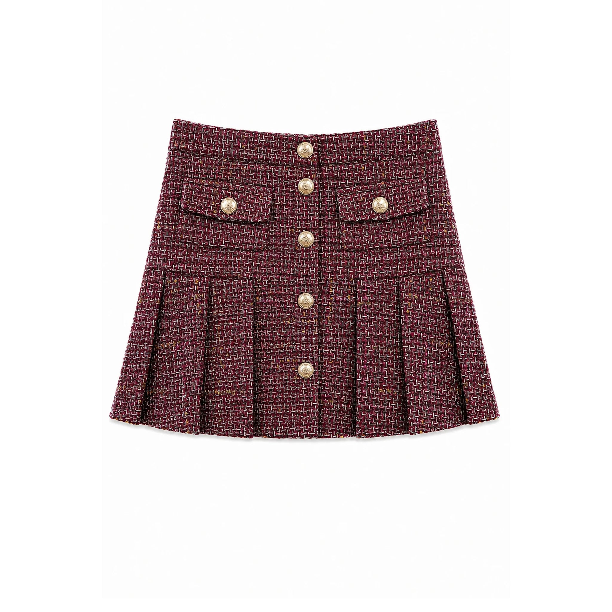 A pleated tweed mini skirt in a dark burgundy and brown woven pattern, featuring a button-up front with gold-tone buttons and two decorative button-flap pockets on the front.