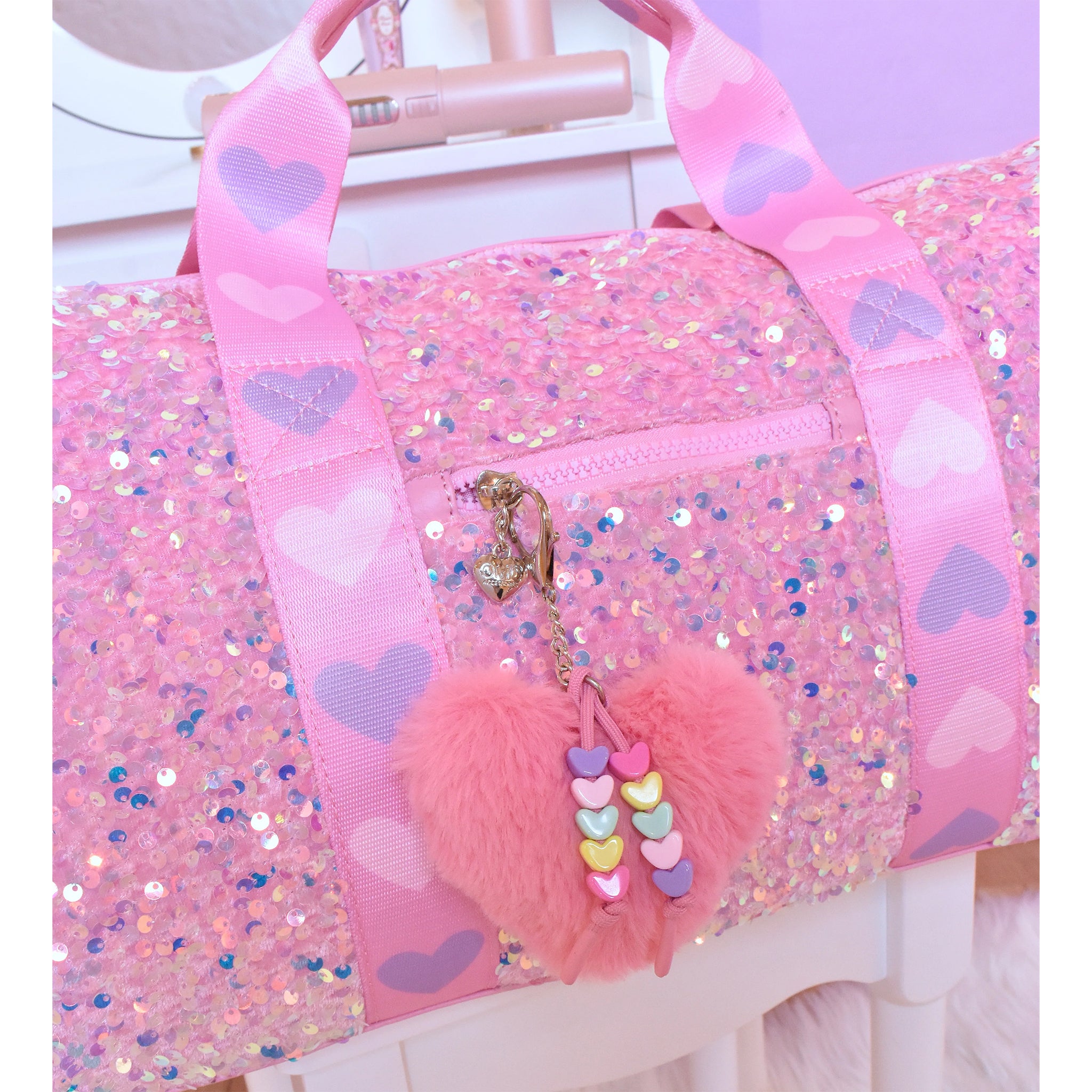 Heart Faux Fur Charm Sequin Duffle - Denny's
