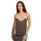A woman modeling a brown camisole-style top with beige lace trim along the neckline and sides, photographed against a plain white studio background.