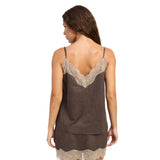A woman shown from the back wearing a brown camisole-style top with beige lace trim along the neckline and hem, against a plain white background.
