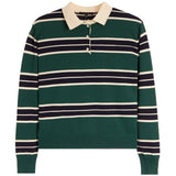 A green and navy blue striped knit polo sweater with a cream collar and buttons, shown against a plain white background.