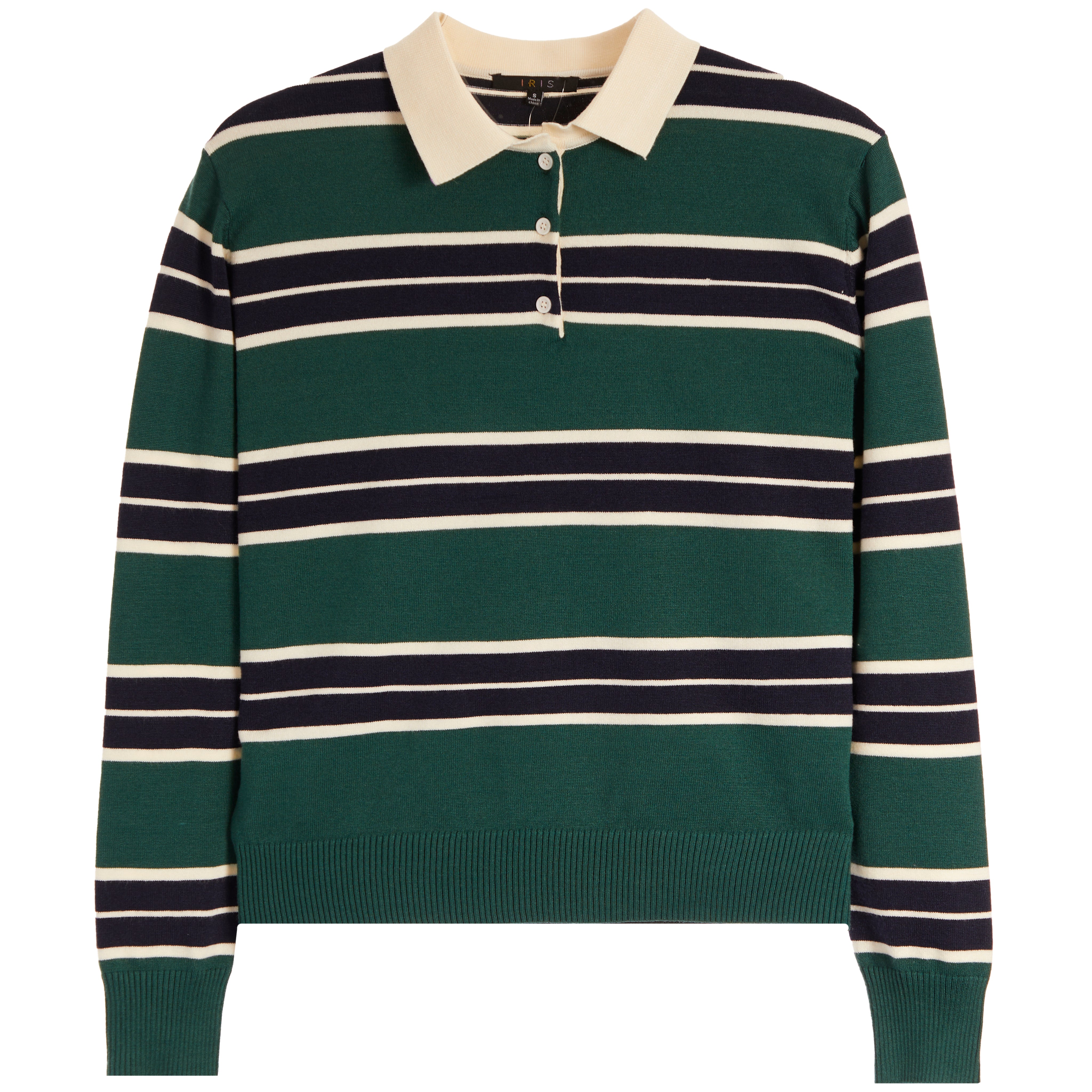 A green and navy blue striped knit polo sweater with a cream collar and buttons, shown against a plain white background.