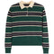 A green and navy blue striped knit polo sweater with a cream collar and buttons, shown against a plain white background.